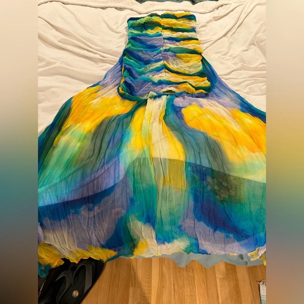 Anthropologie Vineet Bahl Strapless Watercolor-Print High-Low Dress Medium